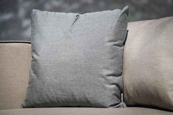 Outdoor decorative pillow made with Sunbrella fabric in grey